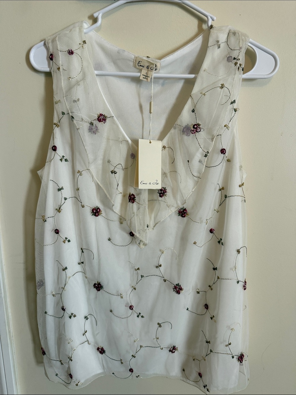Ecru Floral Embroidered V-Neck Tank Top by Eme & Co